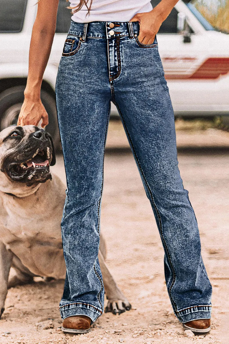 Double Button Stitch Detail High Waist Bootcut Jeans
