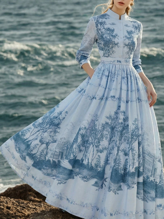 Robe longue en coton, manches longues, col montant, motif floral, poches, style vintage, bleue
