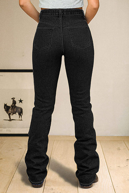 Wash Stitch Detail Button Up High Rise Bootcut Jeans