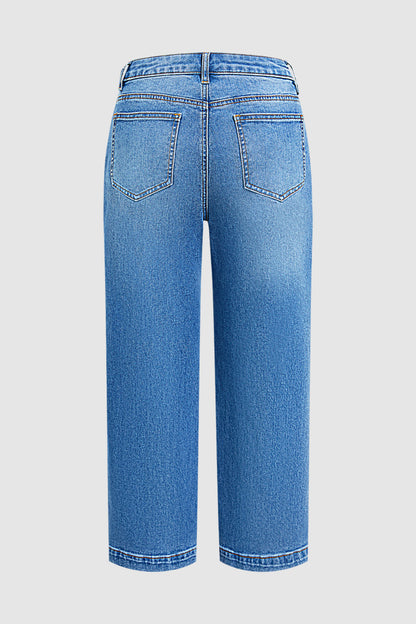 Wash Flap Pocket Stitch Detail Mid Waist Straight Leg Cropped Jeans Without Belt