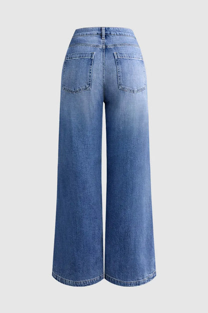 Wash Stitch Decor Wide Leg Mid Rise Jeans Without Belt
