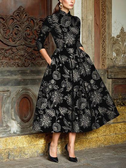 Robe midi en lin, demi-manches, col montant, motif cachemire, floral, poches, vintage, noire