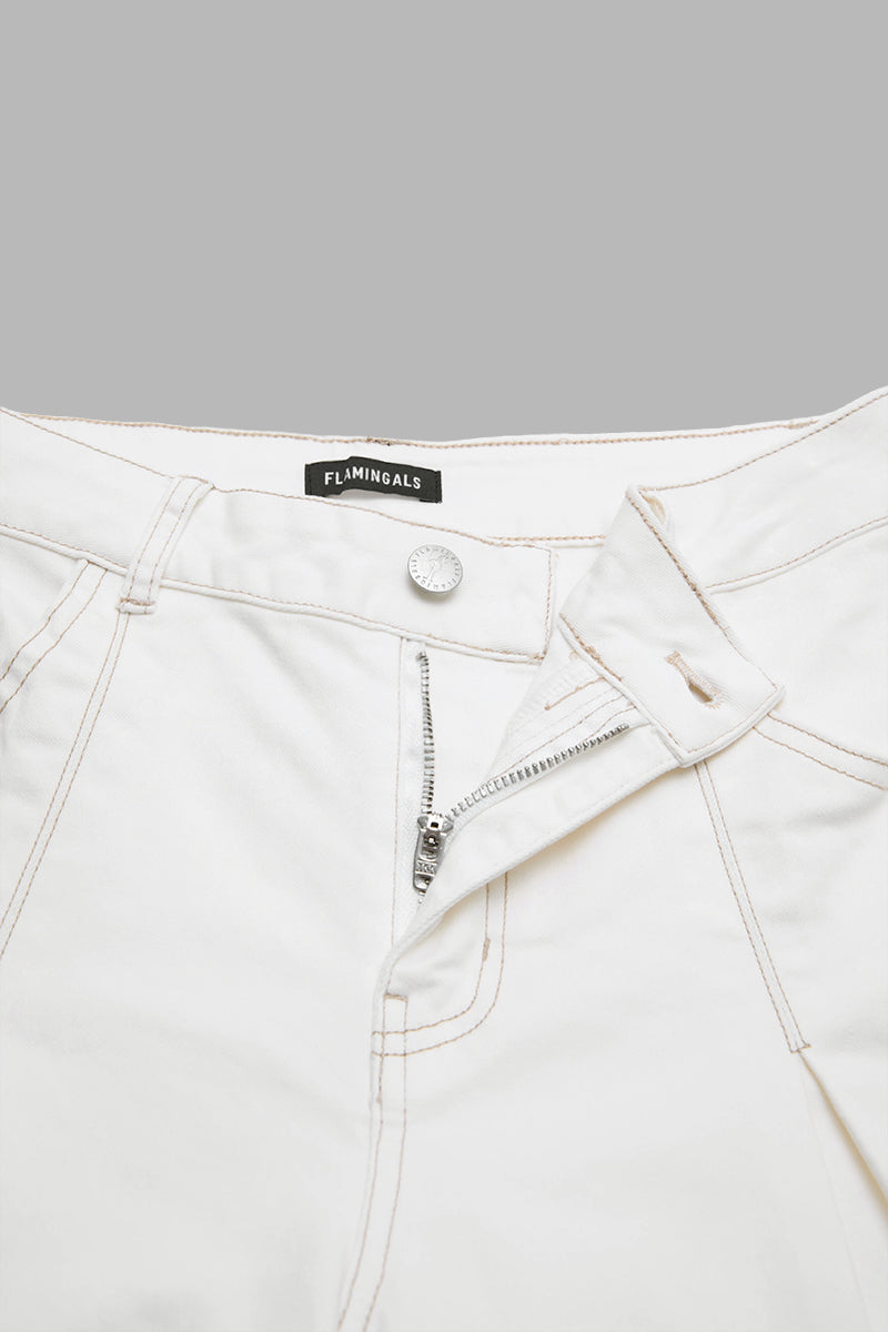 Solid Drawstring Stitch Detail Pleated Mid Waist Wide Leg Crop Pants Without Belt