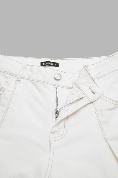 Solid Drawstring Stitch Detail Pleated Mid Waist Wide Leg Crop Pants Without Belt