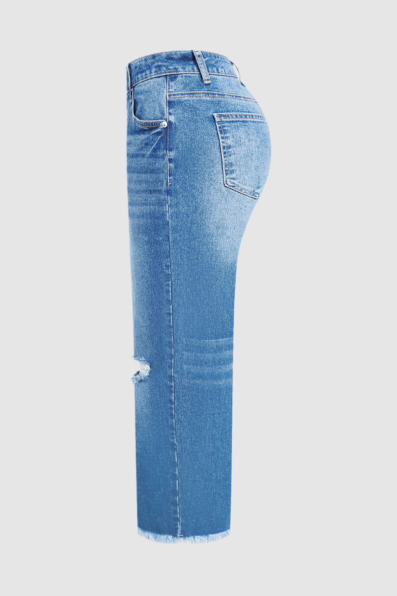 Wash Raw Hem Ripped Mid Waist Straight Leg Crop Jeans Without Belt