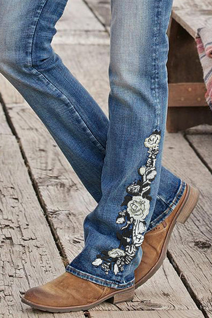 Washed Floral Embroidery Stretchy Mid Waist Bootcut Jeans