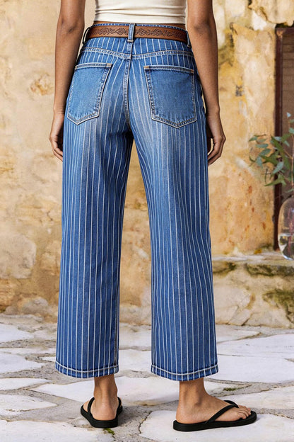 Striped Patch Pocket Mid Rise Wide Leg Crop Jeans Without Belt