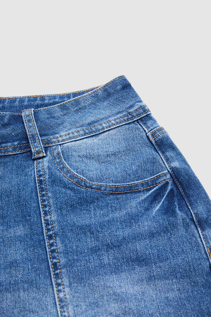 Wash Stitch Detail Mid Waist Denim Mid Thigh Shorts