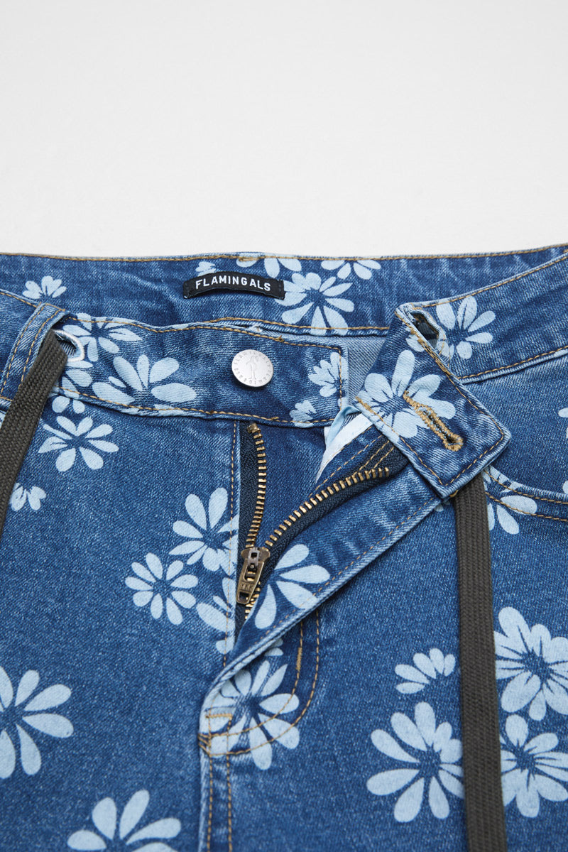 Floral Print Roll Hem Drawstring High Waist Barrel Leg Crop Jeans