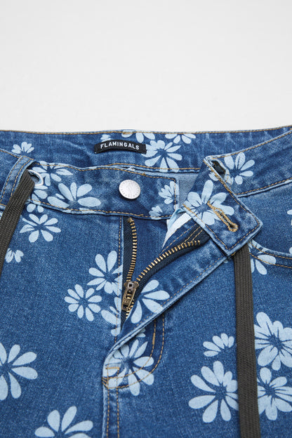 Floral Print Roll Hem Drawstring High Waist Barrel Leg Crop Jeans