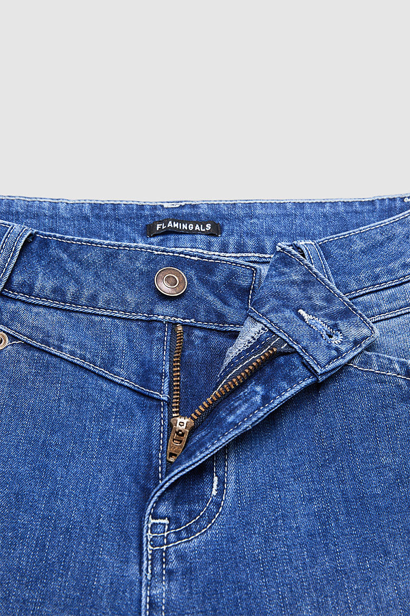 Wash Pleated High Rise Straight Leg Crop Jeans Without Belt