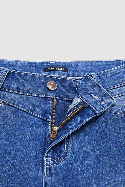 Wash Pleated High Rise Straight Leg Crop Jeans Without Belt