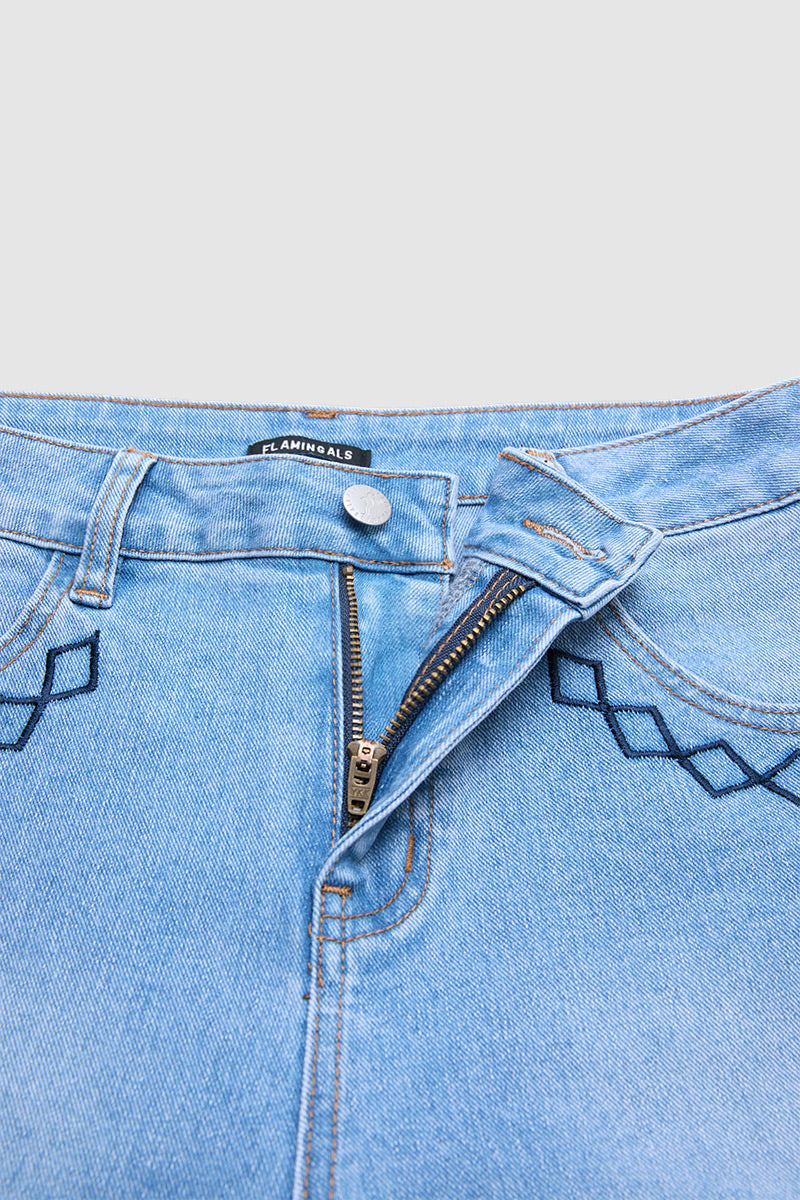 Wash Plant Embroidery Mid Waist Barrel Leg  Jeans