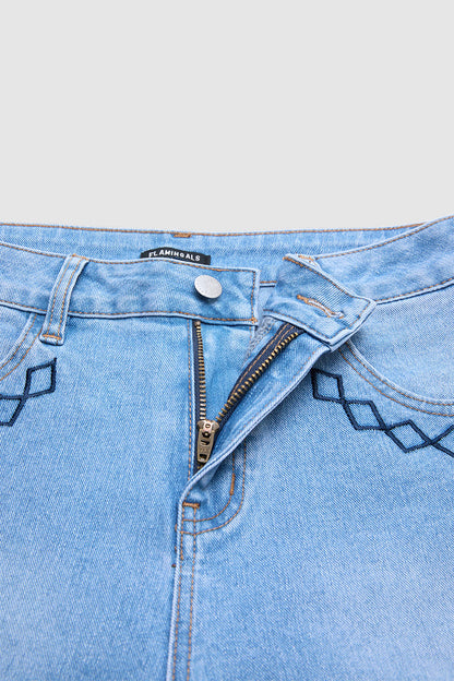 Wash Plant Embroidery Mid Waist Barrel Leg  Jeans