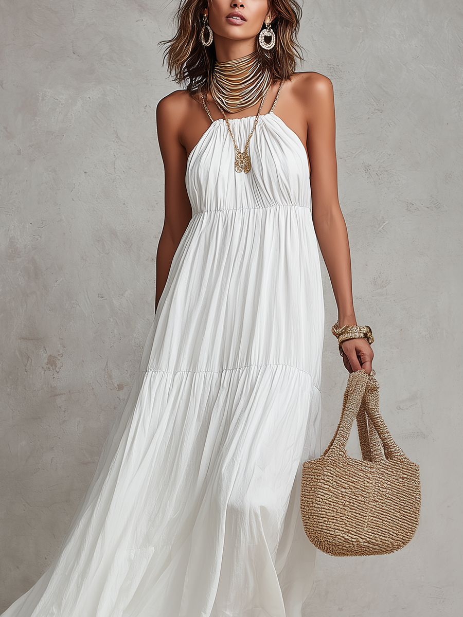 Robe longue blanche de style villégiature française à licou