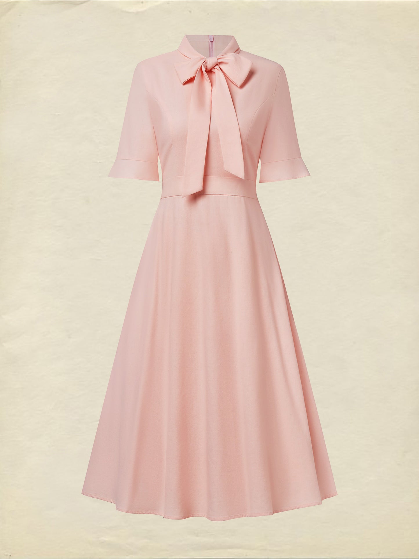 Robe en lin midi, demi-manches, col rond, unie, nœud, vintage français, rose clair