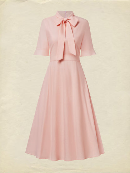 Robe en lin midi, demi-manches, col rond, unie, nœud, vintage français, rose clair