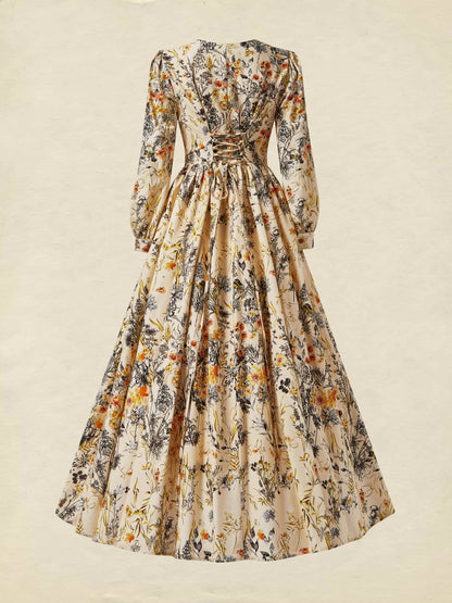 Robe longue en lin, manches longues, col en V, motif floral, abricot, quotidienne