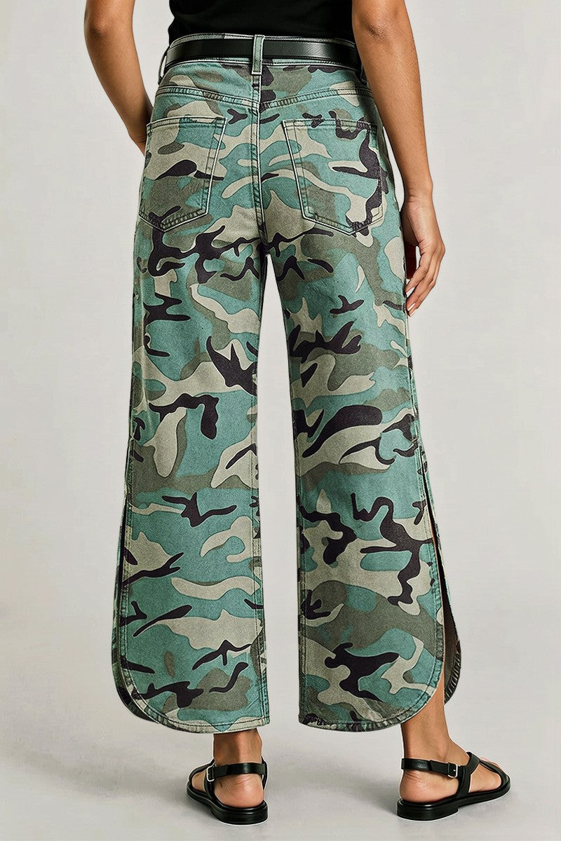 Camo Pattern Split Mid Waist Wide Leg Crop Pants Without Belt