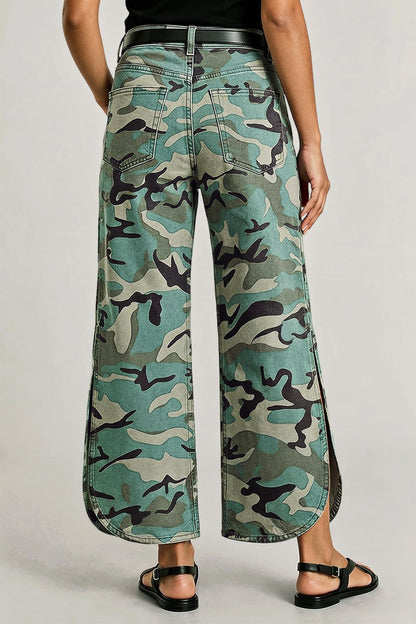 Camo Pattern Split Mid Waist Wide Leg Crop Pants Without Belt