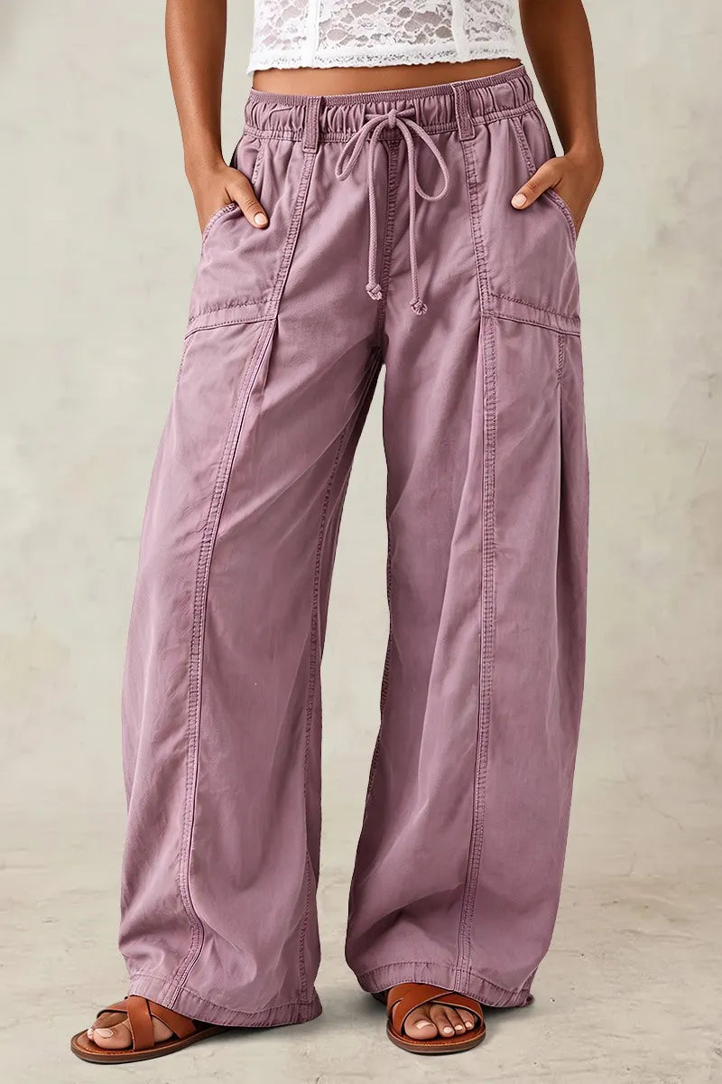 Solid Stitch Detail Flap Decor Drawstring Pleated Mid Waist Wide Leg Pants