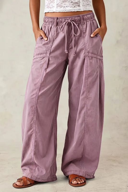 Solid Stitch Detail Flap Decor Drawstring Pleated Mid Waist Wide Leg Pants