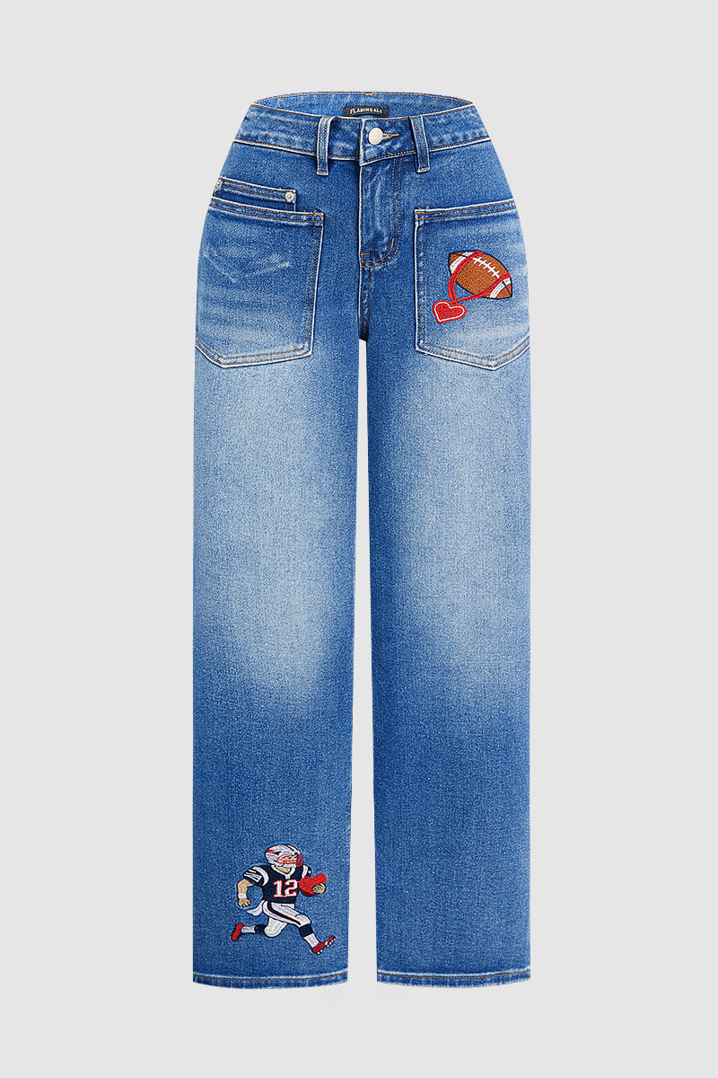 Wash Embroidery Mid Waist Straight Leg Jeans Without Belt