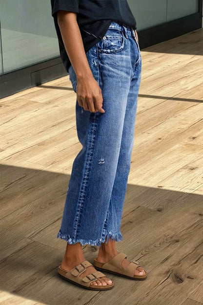 Wash Raw Hem Ripped Mid Rise Crop Straight Leg Jeans