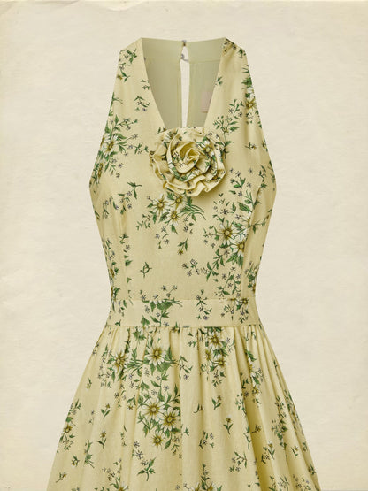 Robe longue en coton, sans manches, col en V, à fleurs, fleurs en 3D (détachables), vacances, vintage, jaune