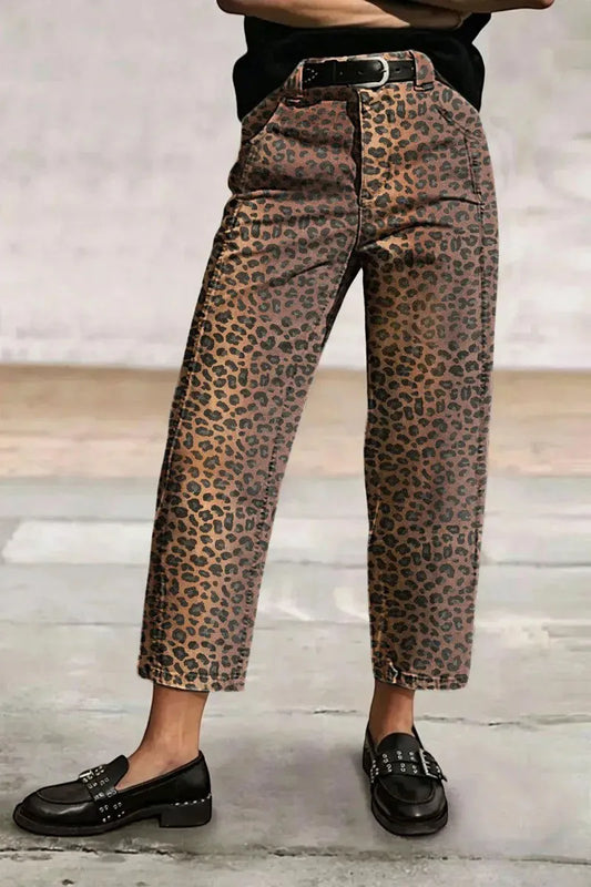 Leopard Print Seam Detail Mid Rise Straight Leg Crop Pants