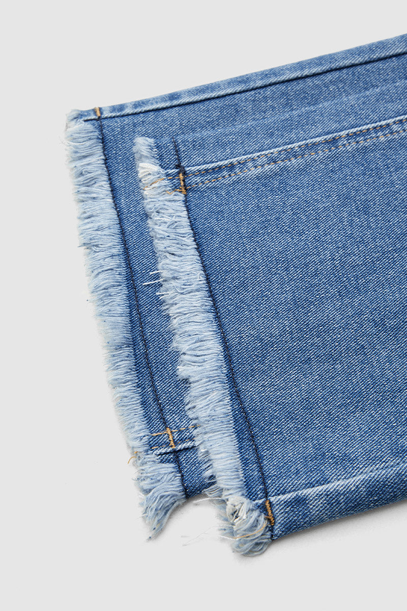 Raw Hem Mid Waist Straight Leg Jeans