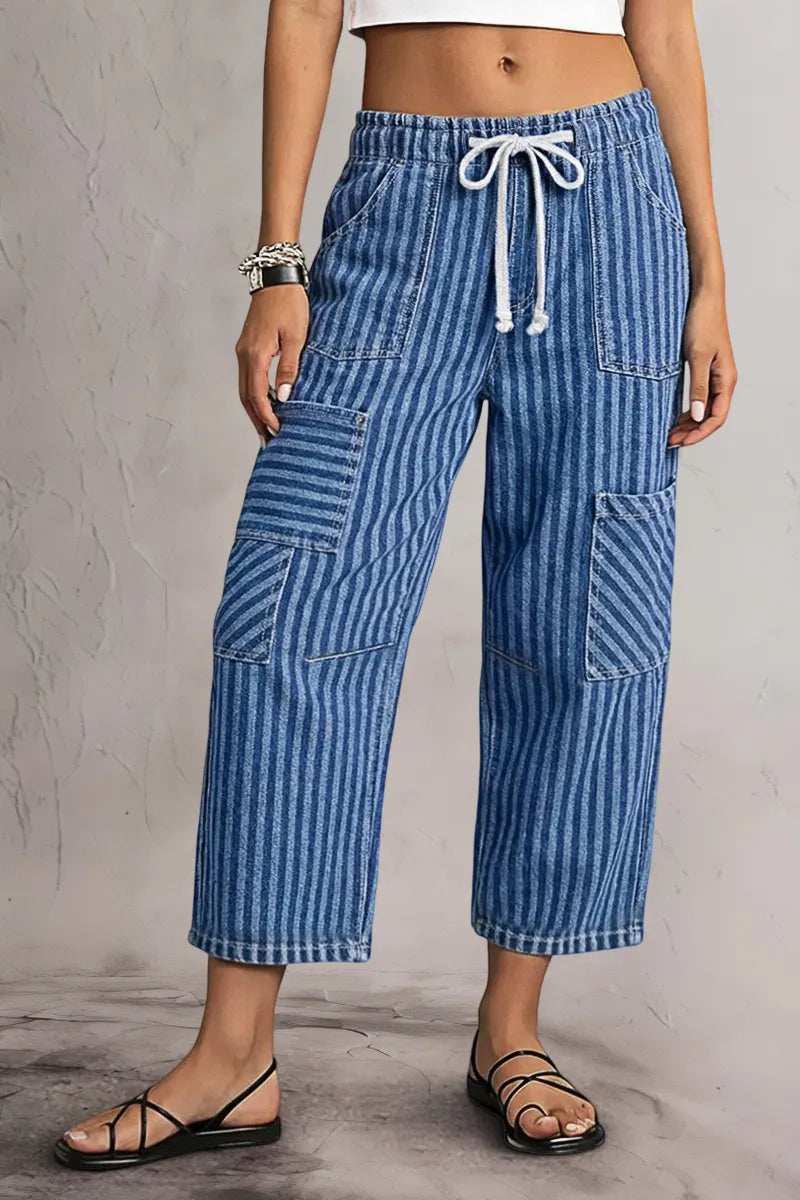 Striped Patch Pocket Drawstring Mid Rise Straight Leg Crop Jeans
