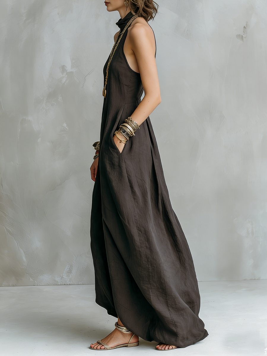 Robe longue bohème ample gris anthracite à épaules dénudées