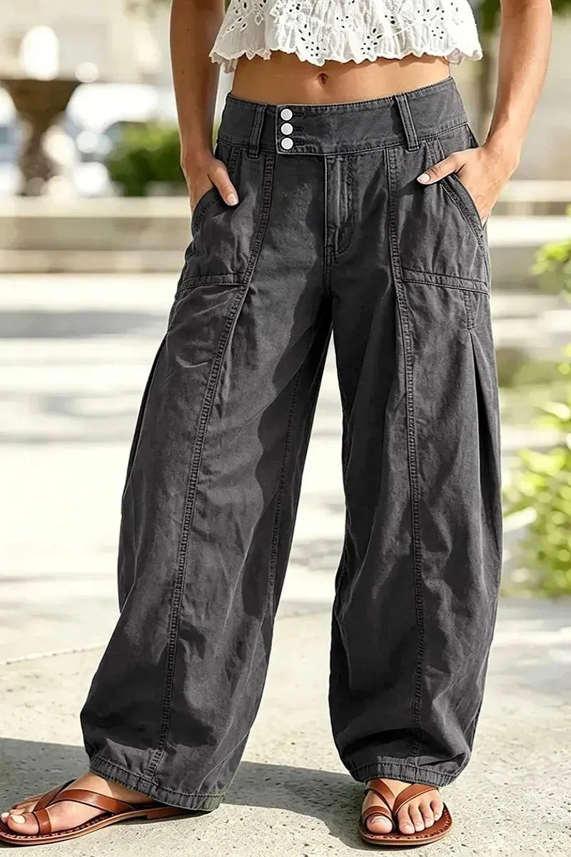 Solid Stitch Detail Pleated Barrel Leg Mid Waist Pants