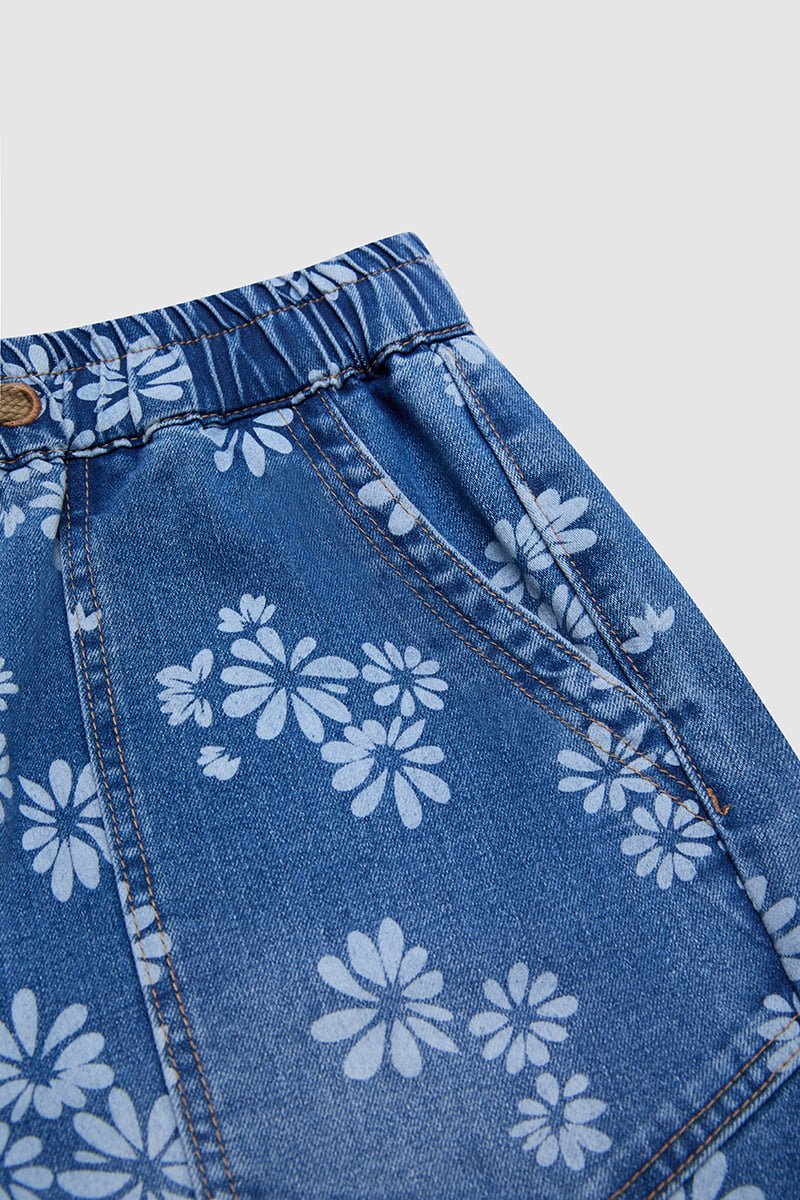 Floral Print Patch Pocket Drawstring Elastic Mid Rise Barrel Leg Crop Jeans