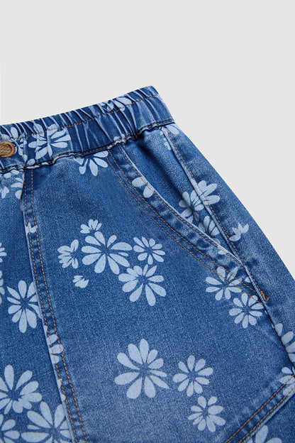 Floral Print Patch Pocket Drawstring Elastic Mid Rise Barrel Leg Crop Jeans