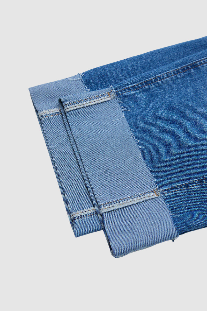 Wash Roll Hem Button Up Mid Rise Barrel Leg Crop Jeans