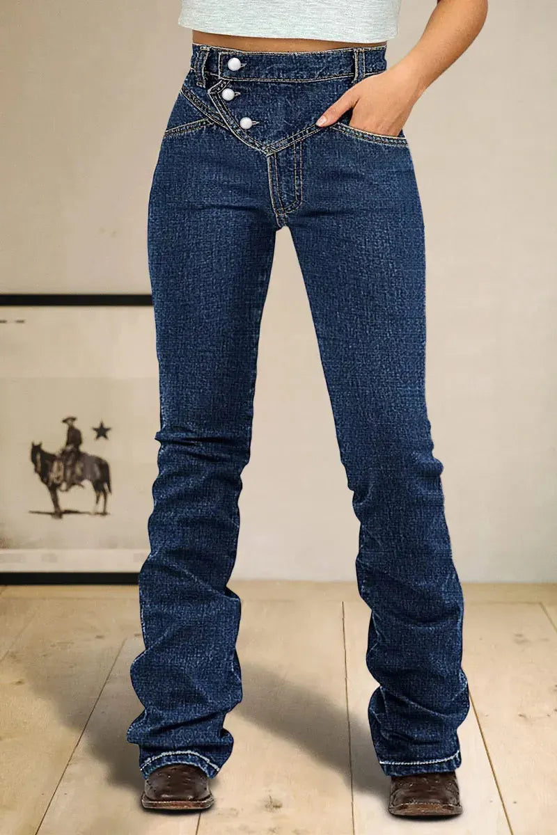 Wash Stitch Detail Button Up High Rise Bootcut Jeans