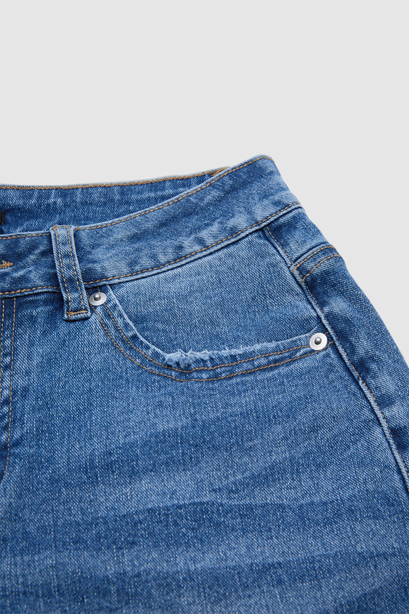 Wash Buckle Decor Roll Hem Mid Waist Denim Bermuda Shorts