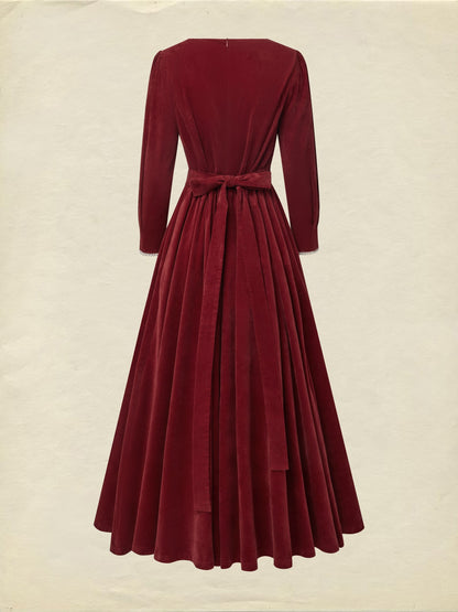 Robe longue en coton, demi-manches, col carré, unie, poches, vintage, rouge