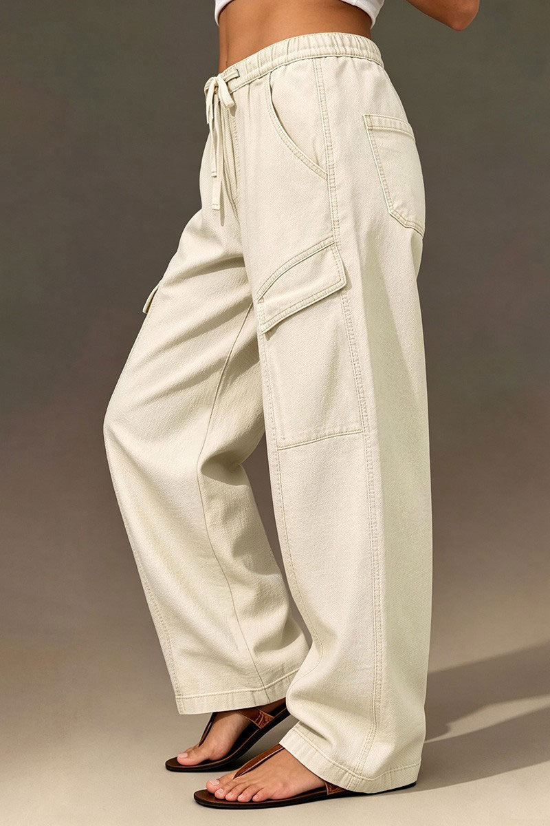 Solid Flap Pocket Drawstring Mid Waist Wide Leg Cargo Pants