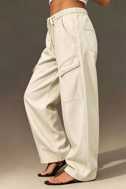 Solid Flap Pocket Drawstring Mid Waist Wide Leg Cargo Pants