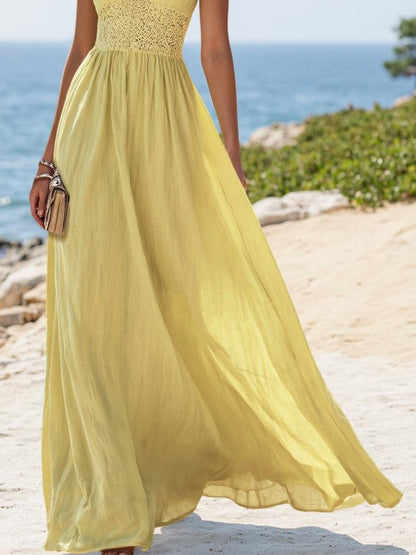 (TAILLES:XS-XXL)Robe longue en lin, sans manches, col en V, unie, vintage, jaune
