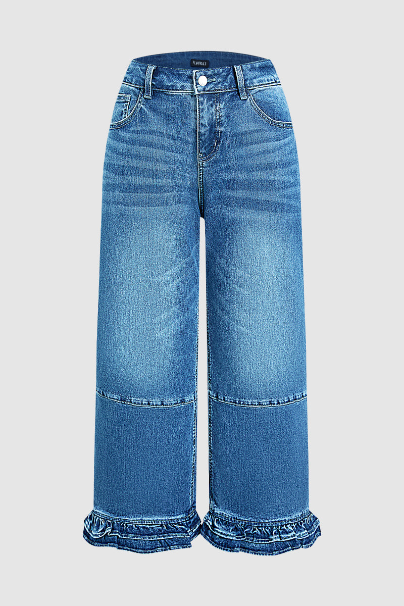 Wash Stitch Detail Ruffle Hem High Rise Wide Leg Crop Jeans Without Belt