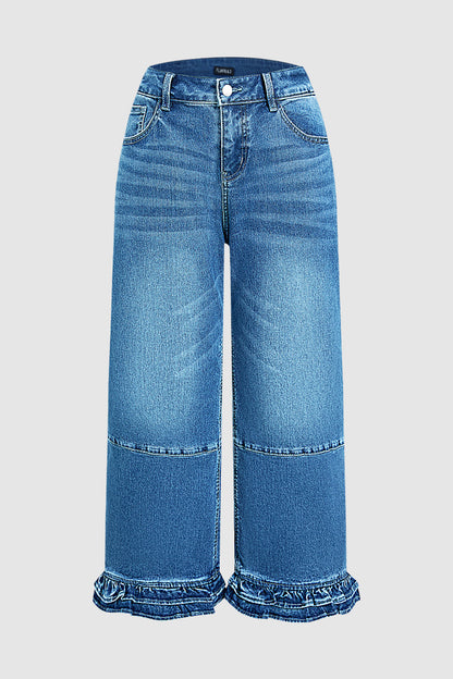 Wash Stitch Detail Ruffle Hem High Rise Wide Leg Crop Jeans Without Belt
