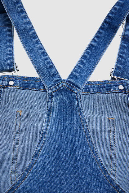 Wash Ripped Raw Hem Patch Pocket Denim Shortalls