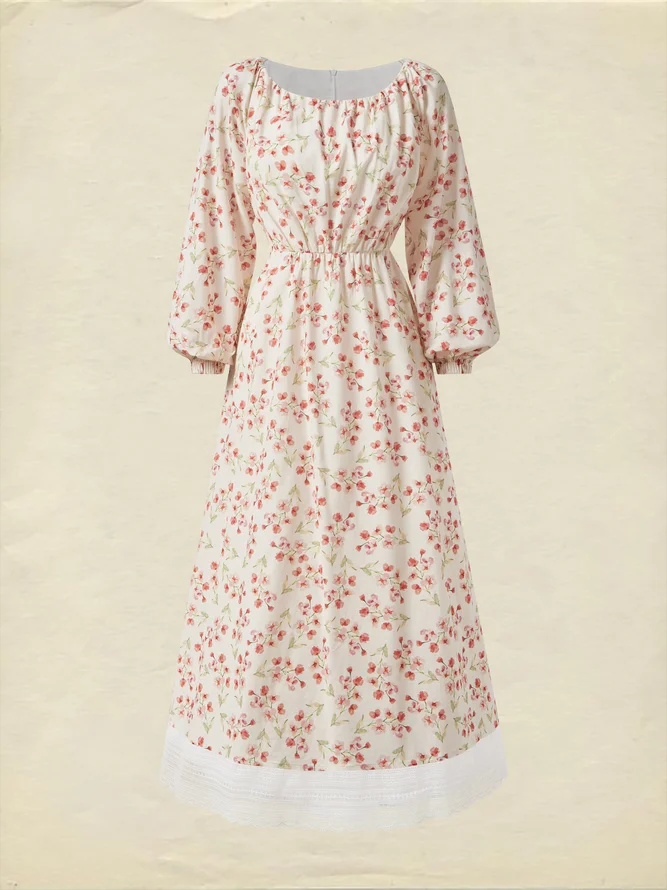 Robe longue élégante coupe classique à manches longues en coton et lin à motif floral, rose