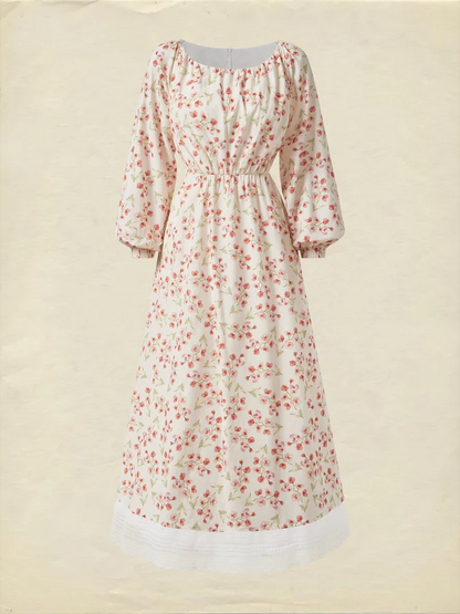 Robe longue élégante coupe classique à manches longues en coton et lin à motif floral, rose