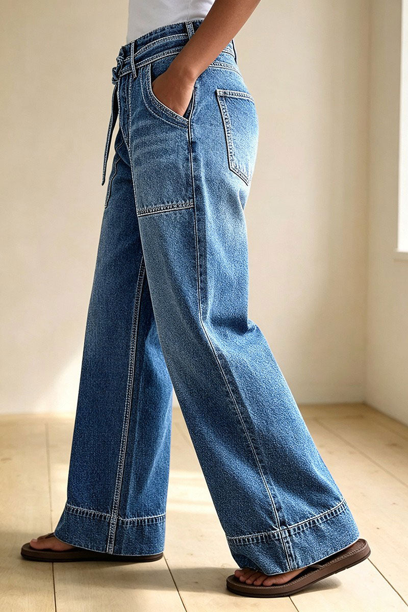Wash Tie Belt Stitch Detail Mid Waist Wide Leg Jeans