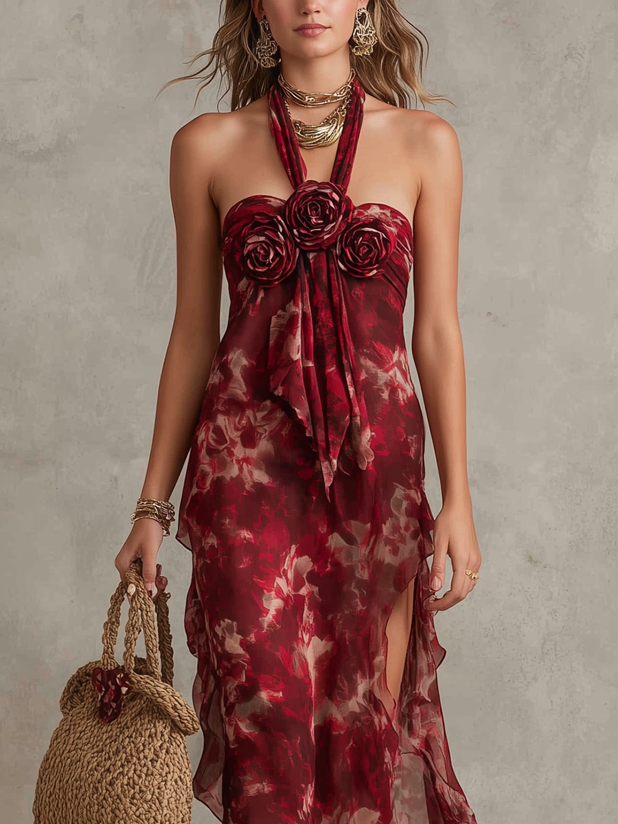 Robe sans manches en mousseline de soie à imprimé floral romantique et roses 3D